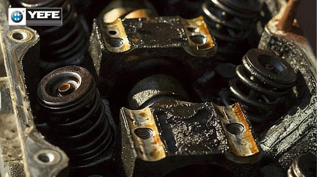 Closeup of neglected valvetrain head covered in thick black sludge brown varnish deposits and rust showing consequences of premature engine oil failure from oxidation contamination and shear loss contrasted with YEFE superior formulation preventing buildup for reliable high-mileage performance
