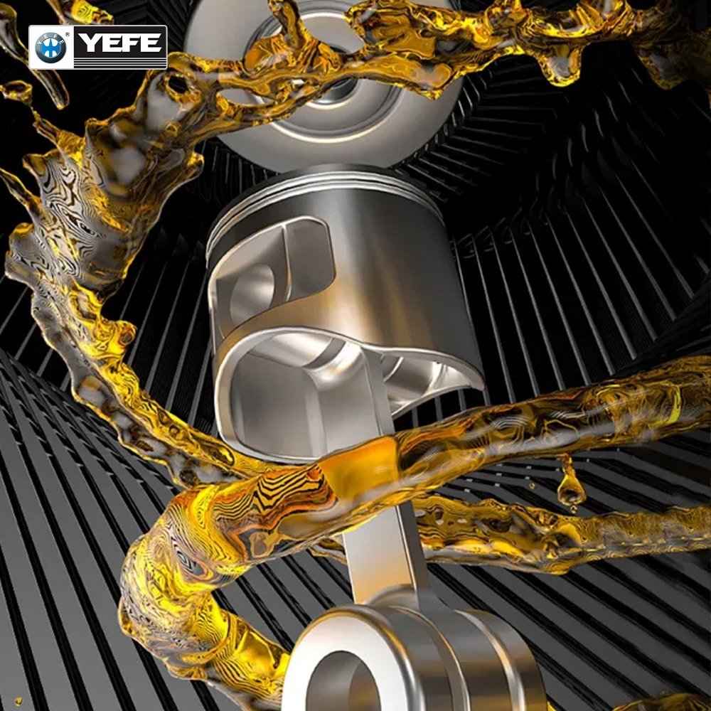 Concept image of YEFE engine oil swirling around piston and connecting rod showing how advanced base oils and additive chemistry create durable protective films that guard against friction heat and deposits over long engine life