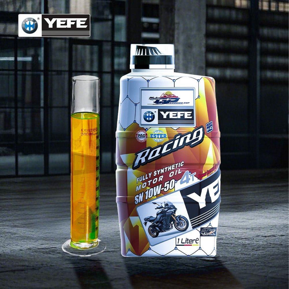 YEFE fully synthetic 10W-50 racing engine oil bottle and test cylinder illustrating modern synthetic motor oil technology that outperforms conventional mineral oil and disproves old engine oil myths