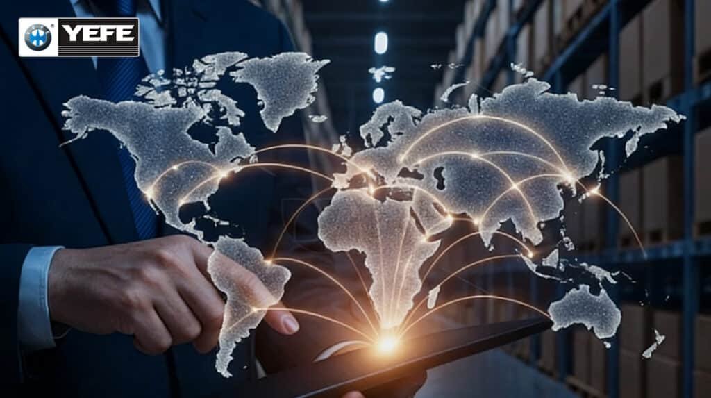 YEFE branded global map with warehouse and tablet showing reliable supply chain transparency quality verification and compliance helping engine oil distributors worldwide avoid common risks when sourcing from China manufacturers