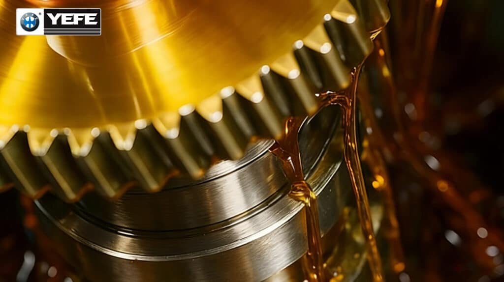 YEFE branded golden engine oil coating precision gears illustrating low SAPS formulation providing wear protection for modern engines while minimizing sulfated ash phosphorus sulfur impact on DPF GPF systems