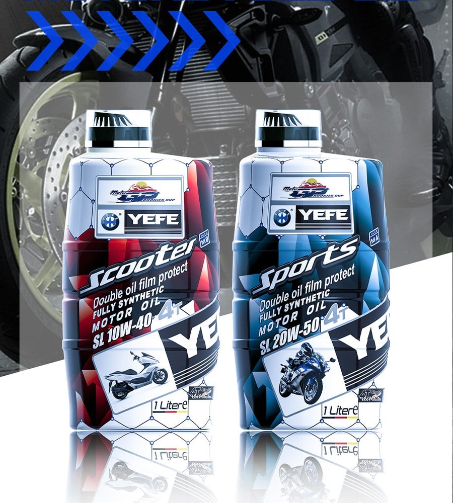 Two YEFE fully synthetic motorcycle engine oil bottles, 10W‑40 and 20W‑50 grades, representing Chinese lubricant exporters supplying private label and branded oils to fast‑growing motorcycle markets across Southeast Asia in 2026