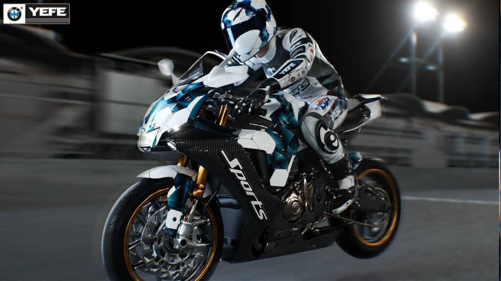 YEFE branded racing motorcycle on track with rider showing extreme lubrication demands where engine oil anti-wear additives and hydrodynamic films protect pistons bearings cams from high-load metal contact wear