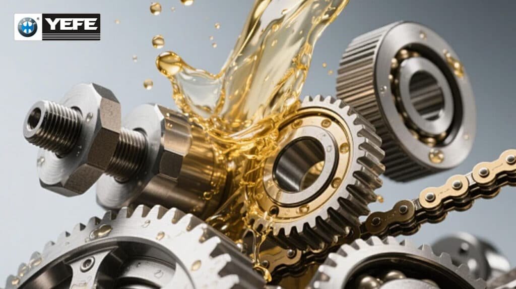 Golden synthetic gear oil splashing over precision metallic gears bearings chains and fasteners with YEFE branding demonstrating uniform molecular structure providing excellent thermal stability oxidation resistance cold flow and film strength for demanding automotive industrial gearbox applications