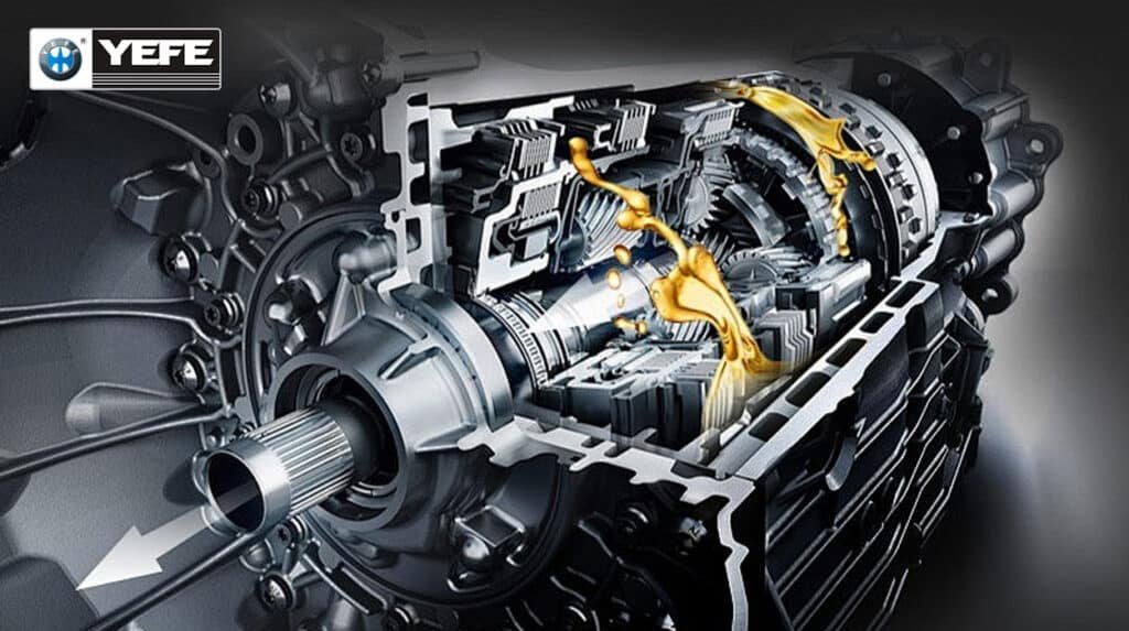 Cutaway view of modern automatic transmission with golden YEFE lubricant flowing over gears clutches and shafts illustrating how properly tested oil viscosity oxidation stability and antiwear performance protect metal surfaces and ensure smooth power delivery