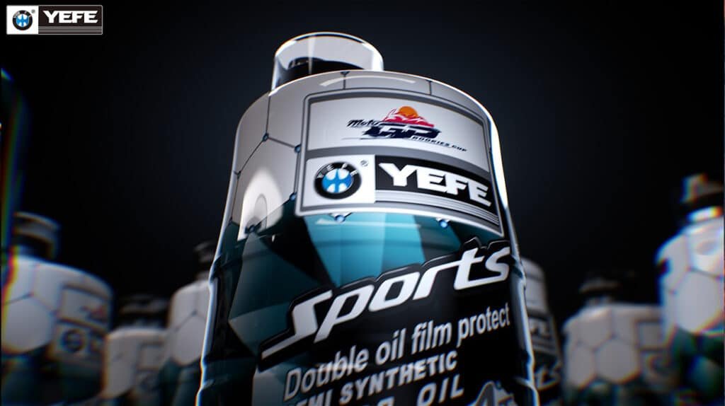YEFE Sports semi-synthetic motorcycle oil bottles showing MotoGP Rookies Cup branding, illustrating the choice between 10W-40 and 20W-50 viscosity grades for motorcycle engines with double oil film protection, demonstrating proper oil selection based on climate conditions, engine tolerances, and wet clutch compatibility requirements