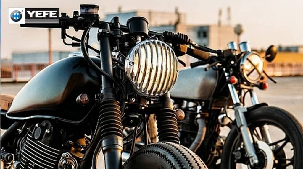 Two classic motorcycles parked side by side, representing 2-stroke and 4-stroke engine types that need different motorcycle oils — YEFE 2T oil for fuel-mixed lubrication and 4T oil for wet clutch and gear protection.