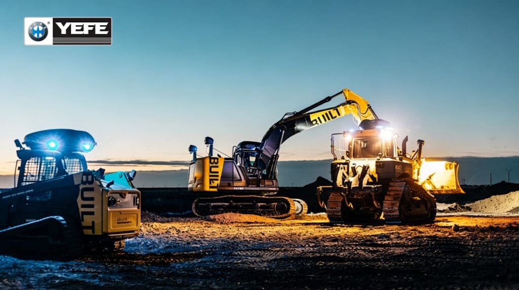 Lit excavator and bulldozer working on site at dusk, illustrating heavy-duty hydraulic systems requiring condition-based oil changes every 1,000-4,000 hours based on load, temperature, and contamination to extend equipment life.