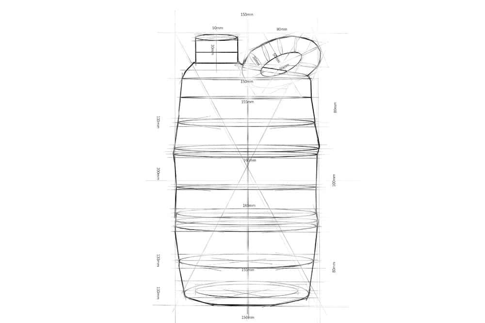 Engine oil bottle design drawing showing dimensions and structure