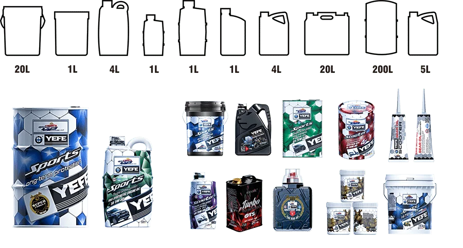 Engine oil packaging size options including bottles, drums, and bulk oil