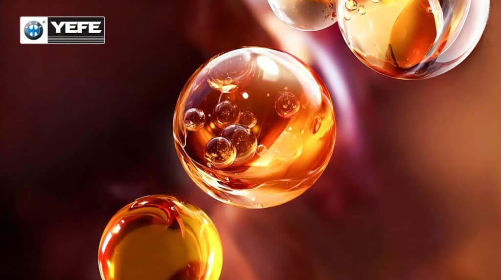 Macro view of golden hydraulic oil droplets and bubbles in high-heat environment, symbolizing specialized high-temperature hydraulic oil designed for thermal stability, oxidation resistance, and anti-foaming properties in extreme industrial applications like steel mills.