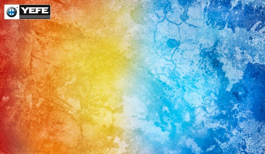 YEFE hot‑to‑cold gradient background transitioning from red and yellow to blue ice textures, symbolizing how engine oil grades like 5W‑30 and 10W‑40 must match real ambient and operating temperatures to avoid cold‑start wear, oil thinning and oxidation in different climates