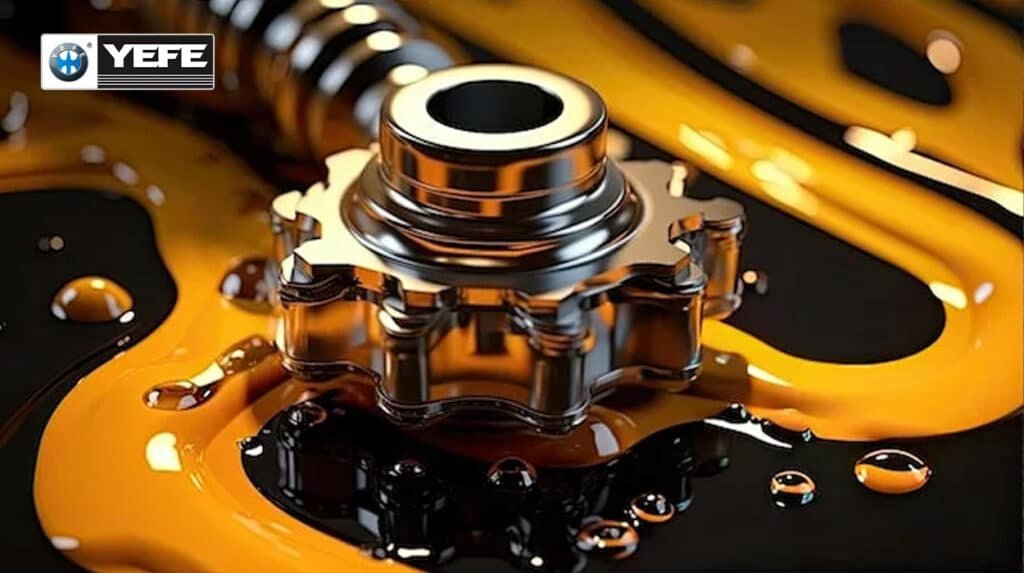 Shiny hydraulic gears coated in flowing orange oil, symbolizing protection against common hydraulic oil problems like contamination, viscosity breakdown, foaming, and oxidation using YEFE high-stability hydraulic oil and anti-wear additives.