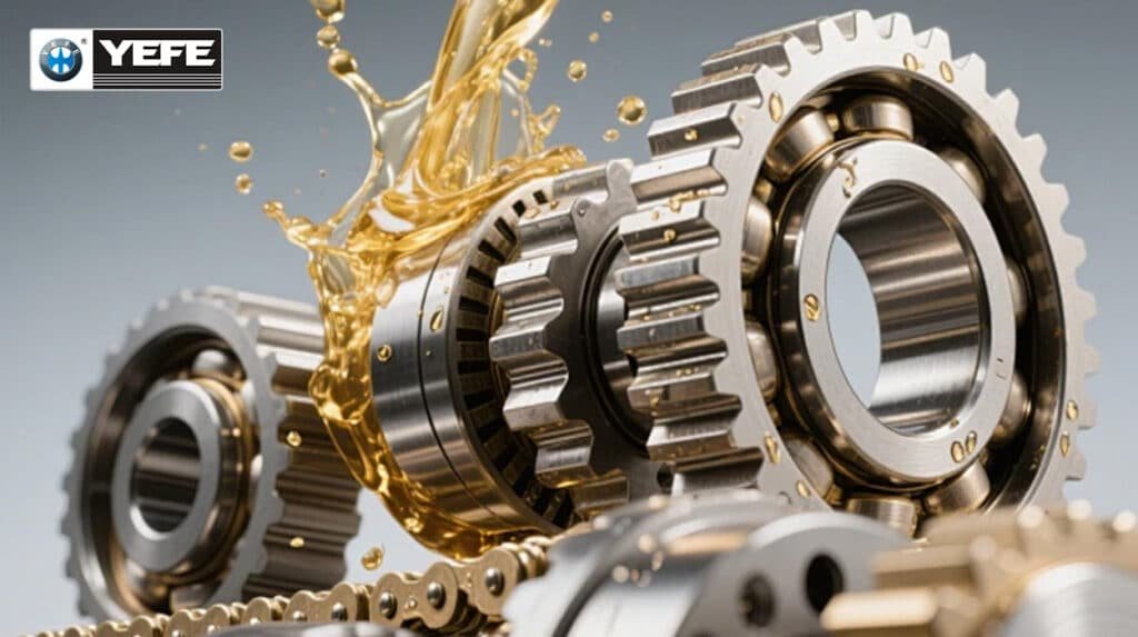 Golden hydraulic oil splashing over industrial gears and bearings, demonstrating proper lubrication film strength; using wrong hydraulic oil viscosity or additives leads to metal contact, overheating, and clogged components in pumps and valves.