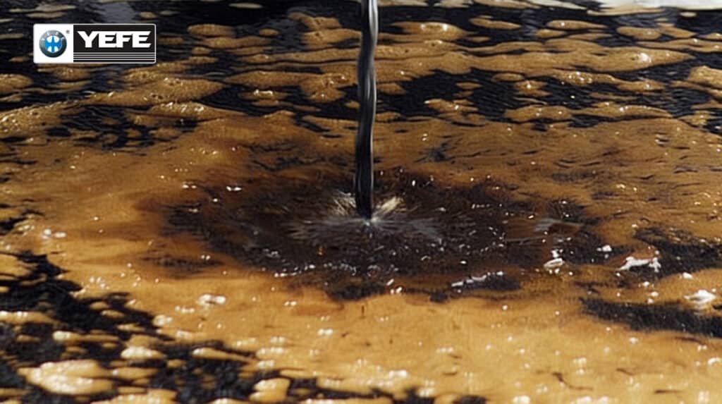 Close-up of drill extracting dark contaminated hydraulic oil sample from tank, illustrating early detection methods for water, dirt, air foaming, or microbial growth to prevent wear, cavitation, and system clogging in hydraulic equipment.