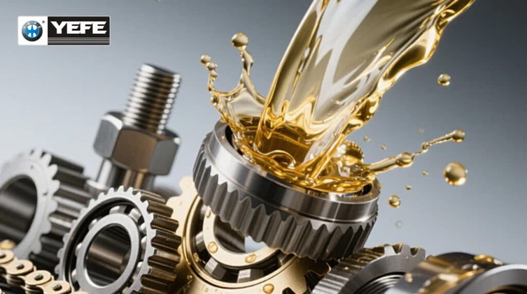 Golden hydraulic oil pouring onto gears, bearings and mechanical components showing lubrication properties, illustrating the key differences between hydraulic oil and engine oil formulations for anti-wear protection and system performance