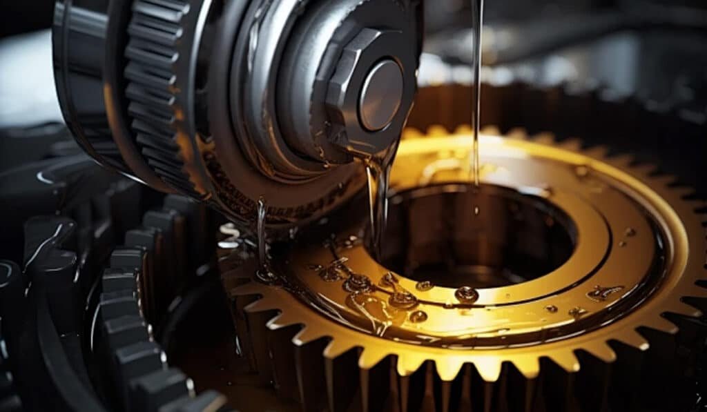 Close-up of industrial hydraulic oil flowing over metal gears, demonstrating how proper viscosity index, anti-wear additives and oxidation stability protect hydraulic system components in heavy-duty machinery.