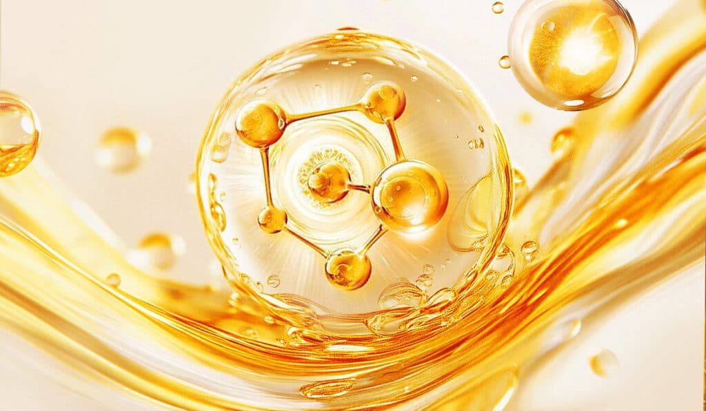 Golden oil droplet with molecular structure inside, representing advanced base oils and additive packages such as anti‑wear, detergents and antioxidants that build a microscopic protective film on metal engine parts