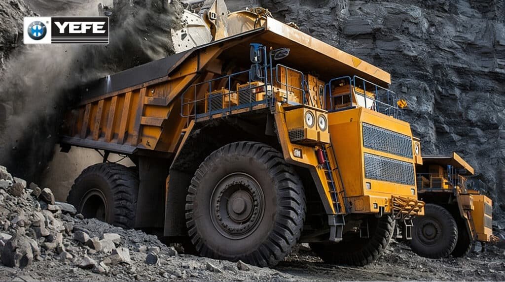 Yellow CAT 986H wheel loader dumping coal against rocky wall, exemplifying construction and mining machinery prone to hydraulic oil issues like foaming, oxidation, contamination, and viscosity breakdown that YEFE oil solutions address.