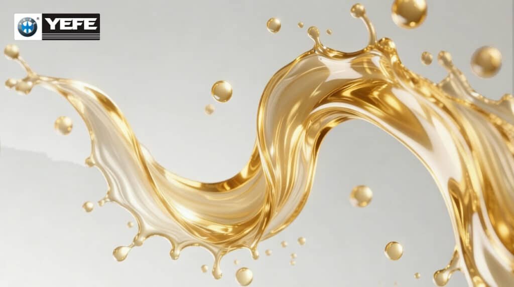 Dynamic splash of YEFE semi-synthetic motorcycle oil droplets, representing the blended mineral and synthetic base stocks that provide good thermal stability and oxidation resistance for moderate riding conditions at a lower cost than full synthetics.