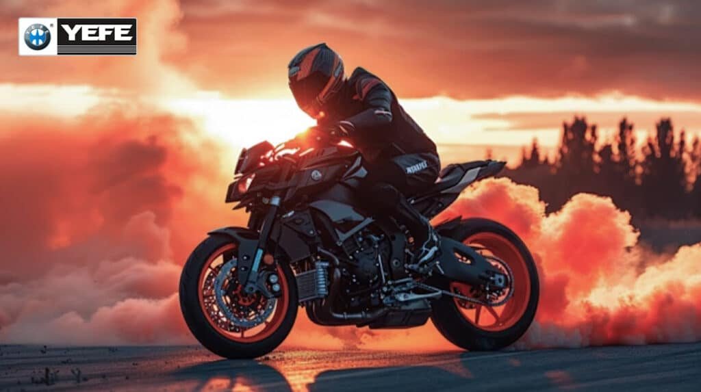 Rider performing a dramatic wheelie on a Yamaha sport motorcycle at sunset with smoke, representing high-heat riding stress where YEFE 20W-50 motorcycle oil excels in viscosity retention, shear stability, and wet clutch protection during intense urban or highway use.