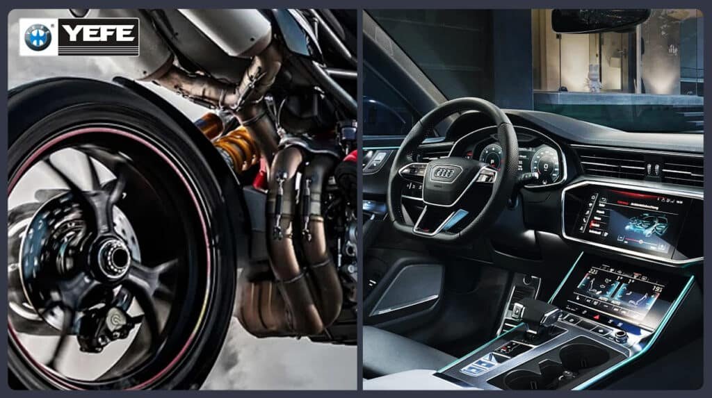 Split-image comparison of a high-performance motorcycle rear wheel and exhaust next to a luxury car dashboard, highlighting mechanical differences that require specialized motorcycle oil for wet clutch and high-RPM protection unlike standard car engine oil.