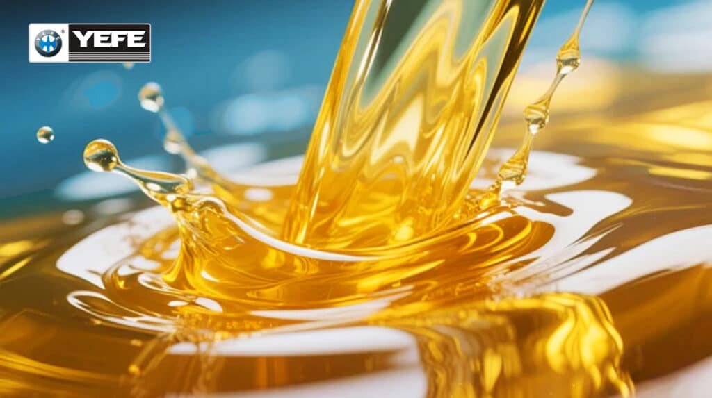 Dynamic splash of golden hydraulic oil pouring into a pool, illustrating the importance of balanced additive packages (anti-wear, anti-oxidant, anti-foam, demulsifiers) for optimal performance and longevity in high-pressure hydraulic systems.