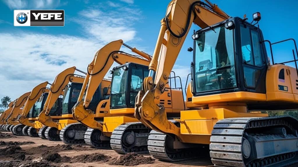 Line of yellow excavators parked on dirt site under blue sky, symbolizing construction equipment vulnerable to hydraulic oil contamination by water, dirt, air, or microbes causing corrosion, cavitation, and filter clogging.