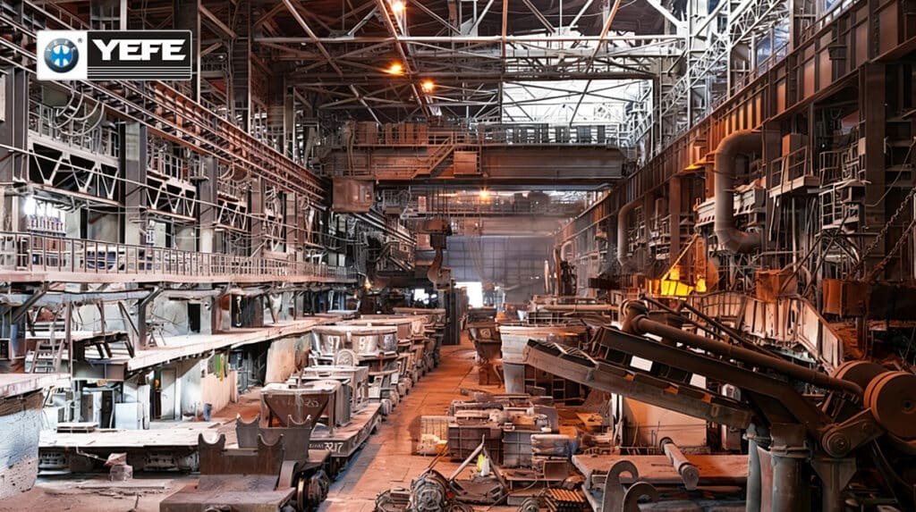 Interior of a steel mill with glowing furnaces and heavy machinery operating in extreme heat, illustrating demanding high-temperature conditions where specialized YEFE hydraulic oil with strong thermal stability and oxidation resistance is required to protect equipment.