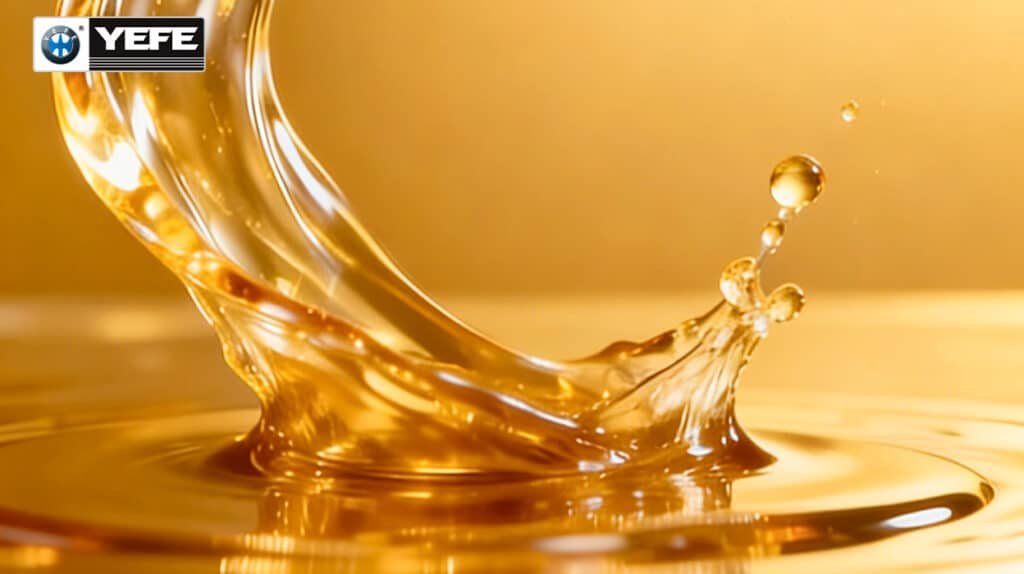 YEFE synthetic motorcycle oil pouring showing optimal viscosity and flow characteristics for engine protection, demonstrating oil quality and shear stability that determines proper motorcycle oil change intervals based on riding conditions and oil degradation