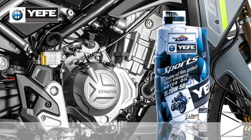 YEFE Sports SL 20W-50 4T fully synthetic motorcycle motor oil 1 Liter bottle next to motorcycle engine showing proper oil change intervals for 4-stroke bikes, demonstrating synthetic oil viscosity stability and wet clutch protection for optimal engine maintenance schedules