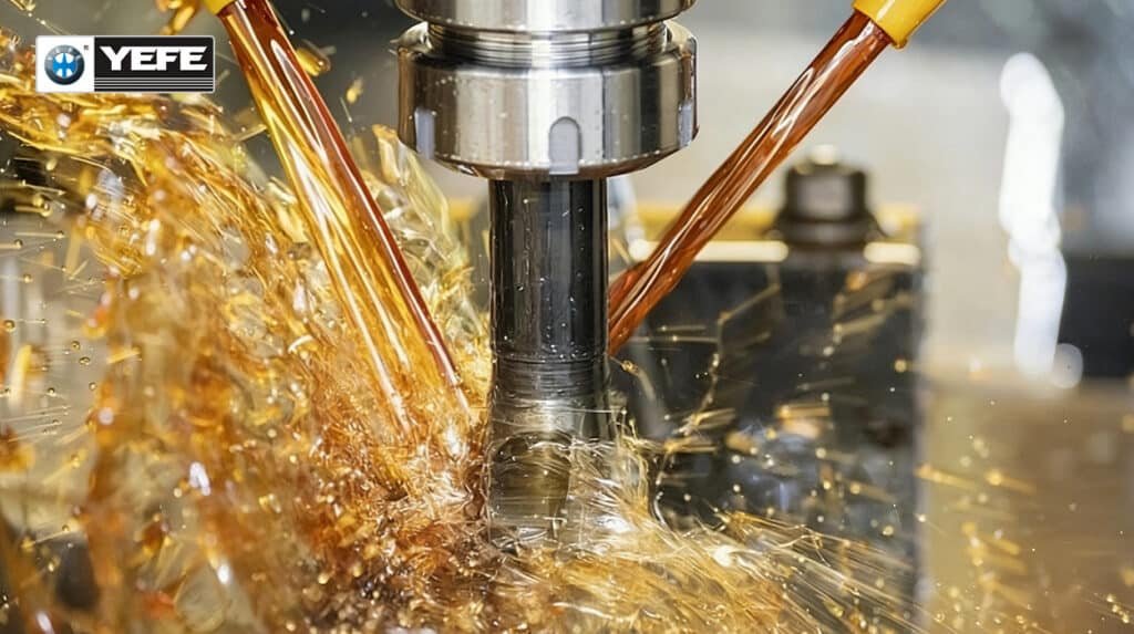 YEFE anti-wear hydraulic oil splashing on metal gears and components, ZDDP additives forming protective film to minimize friction, wear, and scoring in high-load industrial hydraulic systems[file:50][web:41]