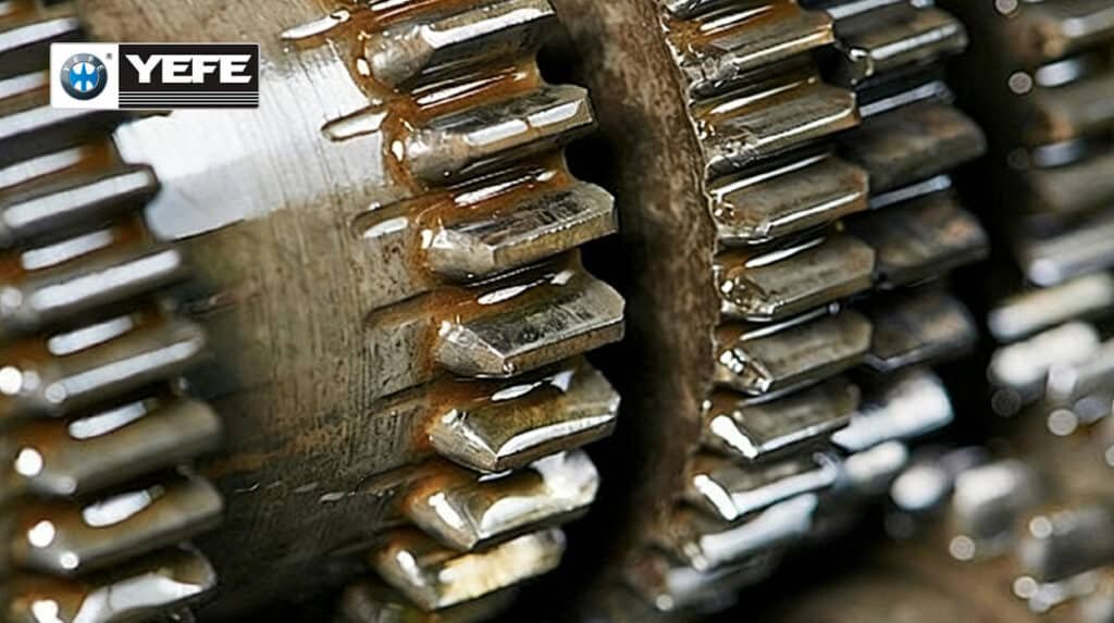 Closeup of industrial gears coated with YEFE anti-wear hydraulic oil, protective additives reducing metal-to-metal friction and preventing wear in high-pressure pumps and hydraulic components[file:51][web:39]