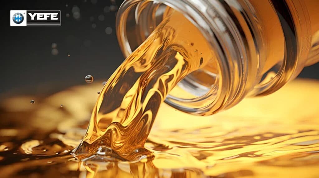 YEFE DIN HLP and HVLP hydraulic oil pouring from bottle, premium anti-wear lubricant with high viscosity index for stable performance in varying temperatures and high-pressure industrial hydraulic systems[file:53]