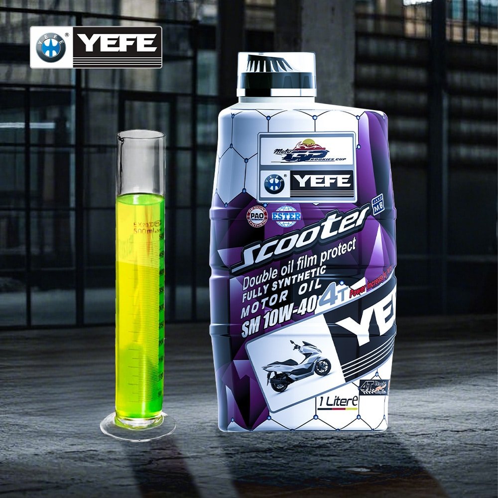 Product shot of YEFE fully synthetic scooter oil 1L bottle (SM 10W-40) next to a test tube of yellow oil sample, demonstrating double oil film protection for synthetic vs semi-synthetic motorcycle oils in high-performance applications.