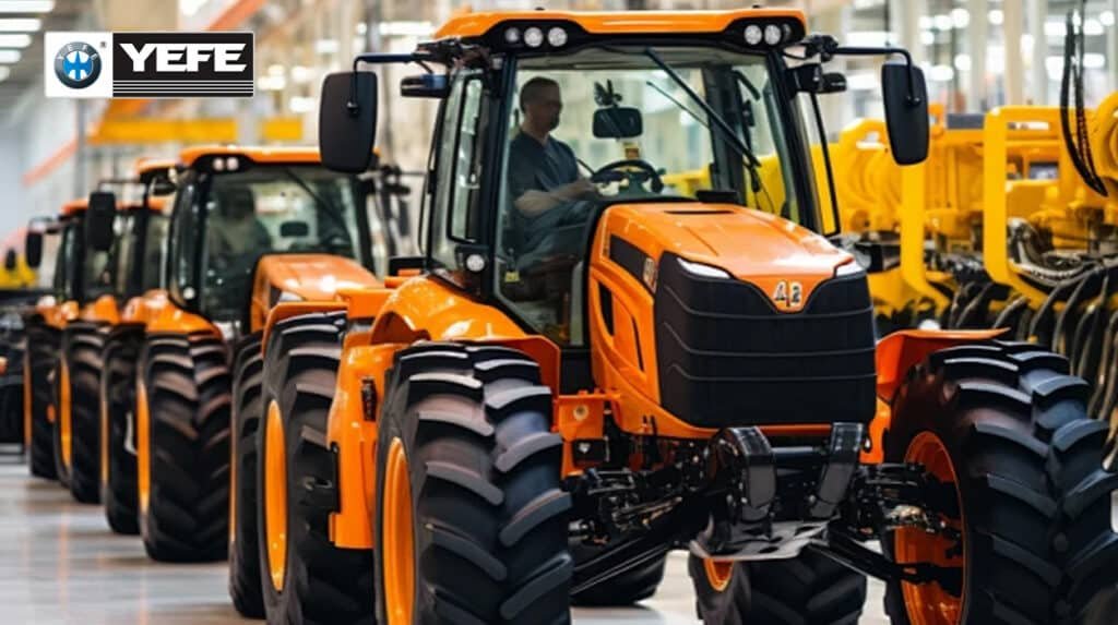 Line of orange agricultural tractors powered by YEFE DIN HLP and HVLP hydraulic oil, ensuring viscosity stability, anti-wear protection, and reliable performance in varying temperature mobile hydraulic systems[file:55]