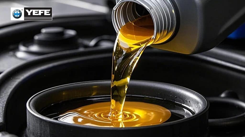 YEFE premium hydraulic oil pouring from container into hydraulic system reservoir, high-performance anti-wear lubricant for pumps, valves, and construction machinery