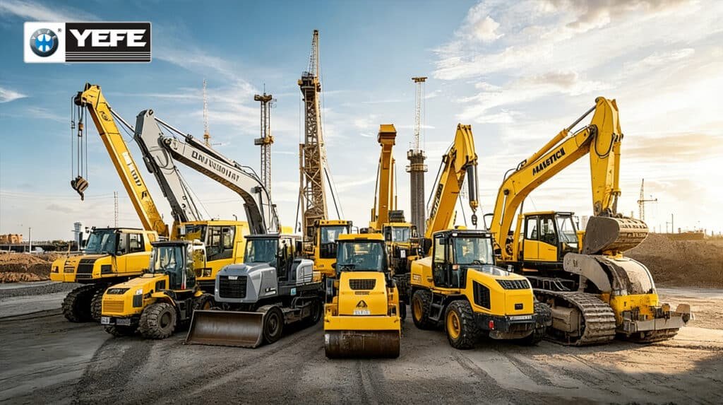 YEFE hydraulic oil for heavy-duty construction machinery fleet, including excavators, loaders, cranes, and rollers, ensuring reliable operation in demanding construction environments