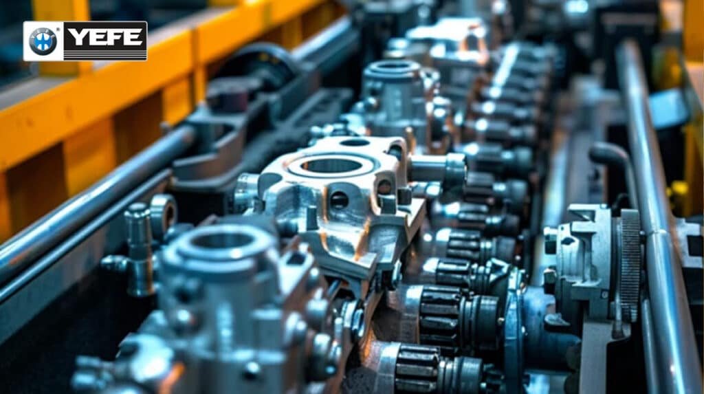 Precision hydraulic cylinders and valves on yellow industrial production line machinery, lubricated by YEFE ISO VG 46 oil for continuous operation, oxidation stability, and precision control