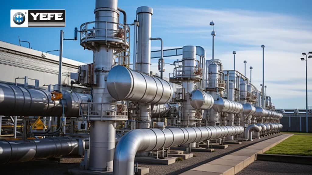 Silver pipes, valves, and tanks in modern industrial plant facility, powered by YEFE hydraulic oil providing oxidation stability and air release for continuous high-precision manufacturing operations