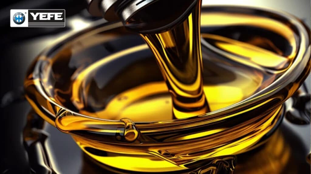 Golden YEFE hydraulic oil pouring smoothly, representing ISO VG standards for consistent kinematic viscosity at 40°C in industrial hydraulic systems like VG 32, 46, and 68 grades
