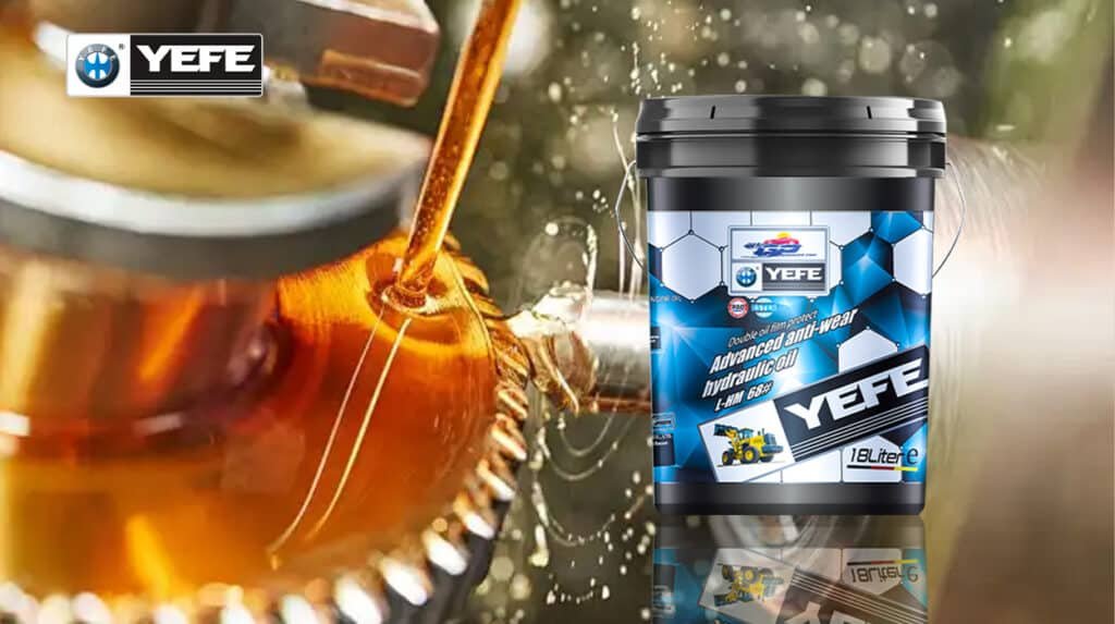 YEFE L-HM 68# advanced anti-wear hydraulic oil 18L bucket with golden hydraulic fluid pouring, demonstrating different types of hydraulic oil with AW additives and ISO VG 68 viscosity grade for industrial machinery and construction equipment protection