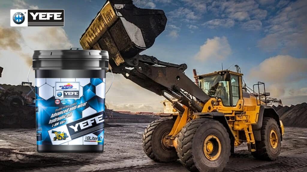YEFE L-HM 68# advanced anti-wear hydraulic oil 18L bucket for wheel loader hydraulic systems, demonstrating why hydraulic oil with power transmission and anti-wear properties is different from engine oil used for lubrication in construction equipment