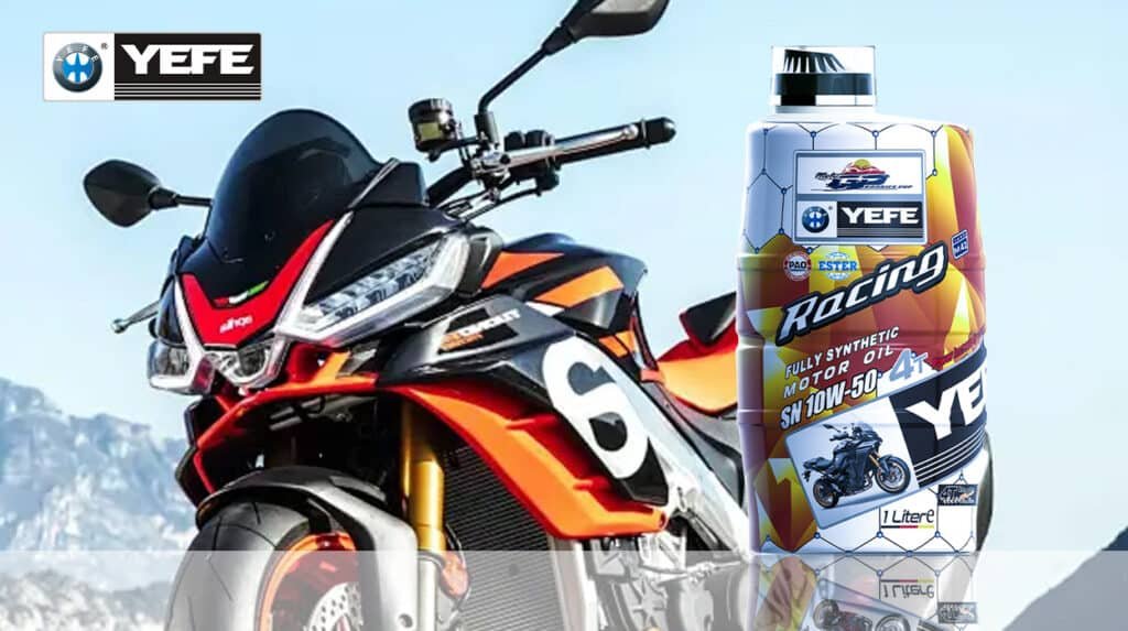 YEFE Racing SN 10W-50 4T fully synthetic motorcycle motor oil 1 Liter bottle with sport motorcycle, demonstrating wet clutch compatible oil with JASO MA2 standards, controlled friction modifiers, and shear stability for proper clutch engagement and power transfer in motorcycle transmission systems