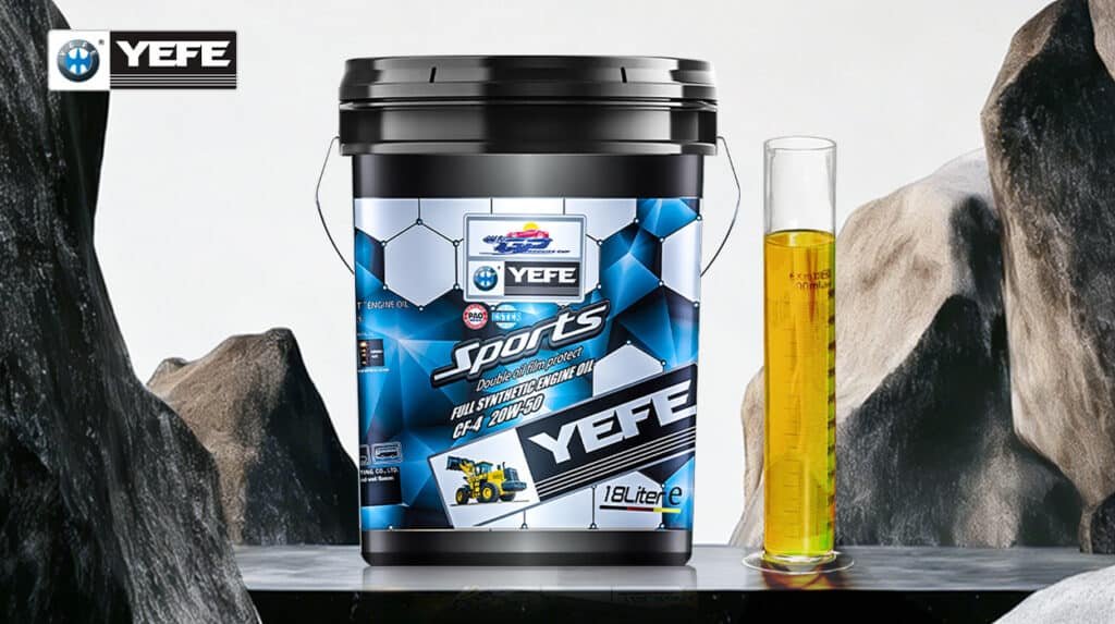 Black bucket of YEFE Sports 18L hydraulic oil with racing graphics next to golden oil sample and rocks, highlighting balanced additive packages including anti-wear, anti-oxidant, and anti-foam for heavy-duty and motorsport hydraulic applications.