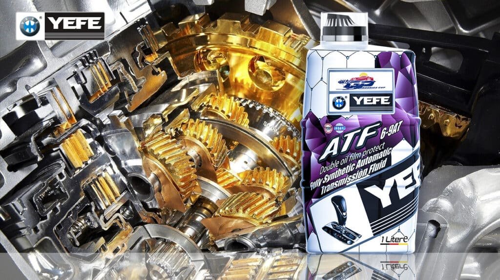 YEFE ATF 6-9AT fully synthetic automatic transmission fluid 1 Liter bottle with transmission gears showing proper transmission oil change intervals and maintenance schedules, demonstrating the importance of regular ATF fluid replacement for automatic transmissions to prevent wear, overheating, and transmission failure while maintaining optimal shifting performance and extending transmission service life