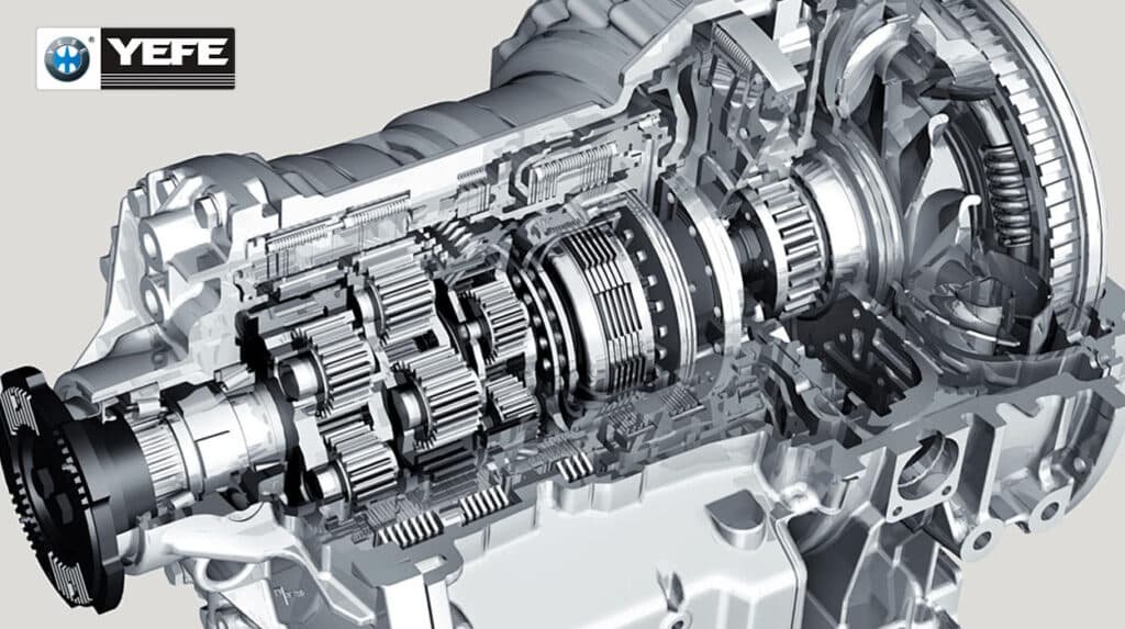 YEFE transmission cutaway showing internal gears, clutch plates, and components requiring regular transmission oil changes, demonstrating the importance of proper ATF CVT DCT and manual transmission fluid maintenance intervals based on vehicle type, operating conditions, and duty cycles to prevent premature wear, overheating, and costly transmission repairs