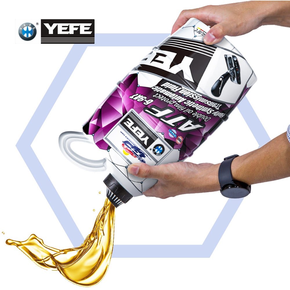 YEFE ATF automatic transmission fluid being poured demonstrating OEM transmission oil manufacturing capabilities for importers and distributors, showing custom formulation, private label branding, batch traceability, quality control, and compliance documentation for ATF CVT DCT transmission fluids with flexible MOQ and scalable production to build your own lubricant brand