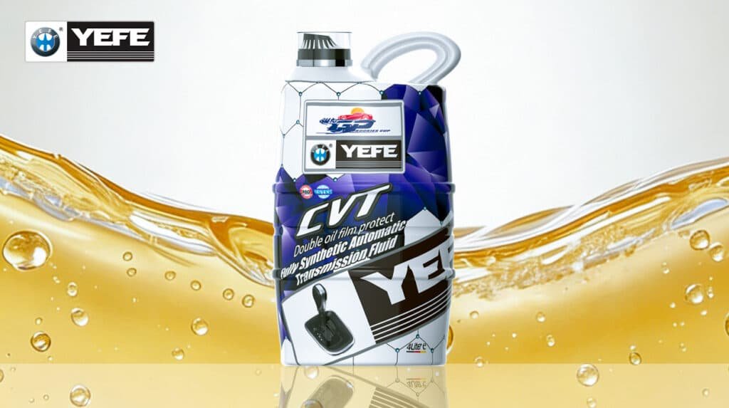 YEFE CVT fully synthetic automatic transmission fluid 4 Liter bottle with golden transmission oil flow, demonstrating private label transmission oil manufacturing capabilities including custom formulation options, flexible MOQ (minimum order quantity), various packaging formats from bottles to bulk supply, and OEM contract manufacturing services for distributors and brand owners seeking customized transmission fluid solutions with controlled production, quality assurance, and scalable inventory planning