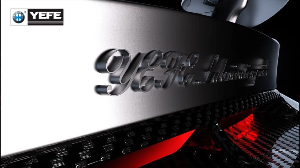 YEFE International branding detail on metallic surface illustrating private label transmission oil services including custom formulation, flexible MOQ, packaging options, and OEM contract manufacturing for distributors building their own lubricant brand with quality assurance and regulatory compliance support